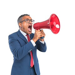 Business man shouting through a megaphone, white isolate background.