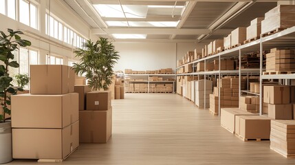 Large warehouse with stacked cardboard boxes.