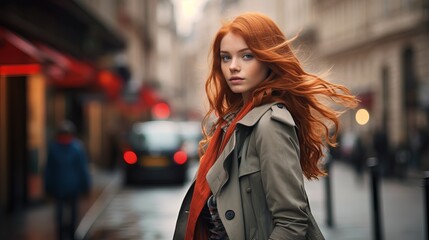 Fototapeta premium A young woman with long red hair walks down a city street, her hair blowing in the wind.