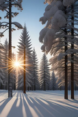 Winter landscape with sun in the frame trees covered with snow