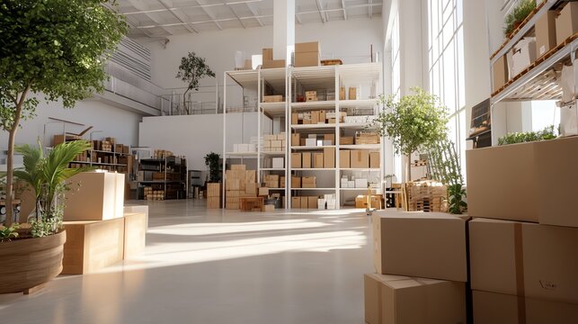 Spacious warehouse with large windows, packed boxes, shelves.