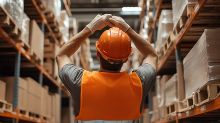 Warehouse worker in safety gear stretches in aisle.