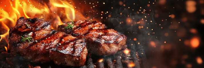 Grilled steak with flames, delicious meal on barbecue, gourmet cooking.