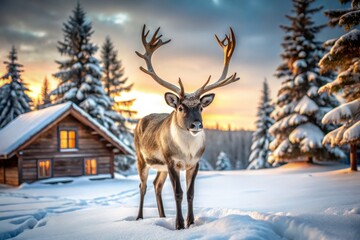 Obraz premium Majestic Reindeer by Wooden Cottage in Snowy Landscape - Stunning Drone Photography of Winter Wonderland, Nature's Beauty, Tranquility and Festive Atmosphere