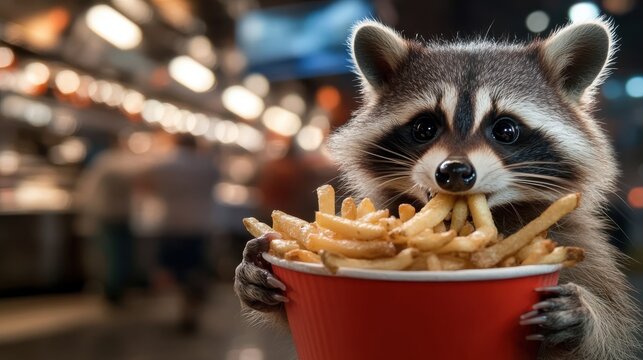 A quirky raccoon grips a massive container of fries in a bustling urban hotspot, exuding personality and creating a humorous and engaging visual tale.