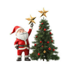 Cheerful Santa decorating a Christmas tree with golden stars, bringing festive joy and holiday spirit to your imagery.