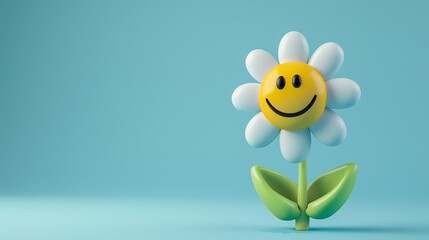 A cartoon smiley face flower on a blue background.
