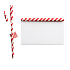 Fototapeta premium Candy cane-themed straw and blank card, isolated on white background.