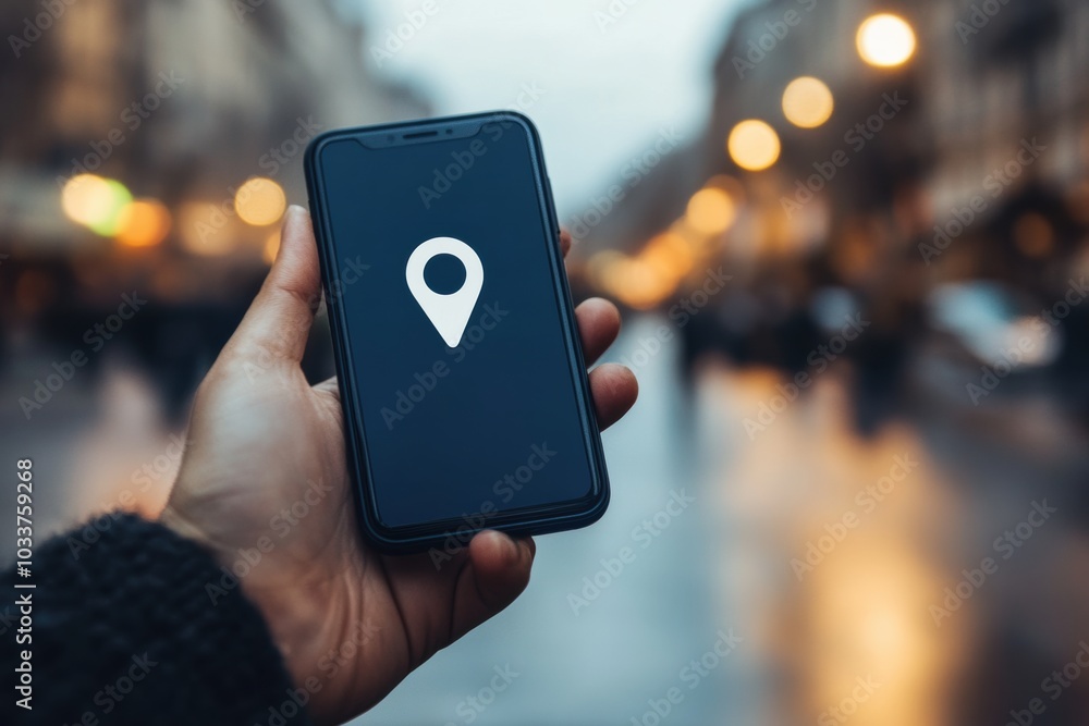 Poster a person uses a mobile phone with a visible location pin on the screen, indicating a navigation task