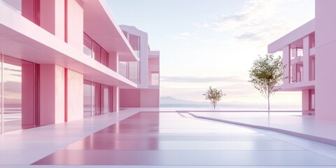 Modern architectural design with pink buildings and serene water reflection.