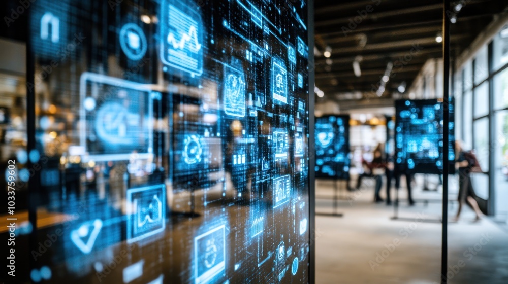Poster A Digital Display with Blue Data Visualizations and Icons in an Office Setting