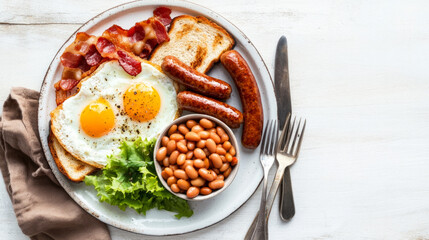Fried eggs with bacon and vegetables, Breakfast on a white plate