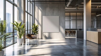 Obraz premium Modern Office Interior with Large Windows and Plants