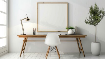 A contemporary home office with white walls and a wooden desk. The desk features a blank picture frame and a small decorative clock. Gentle