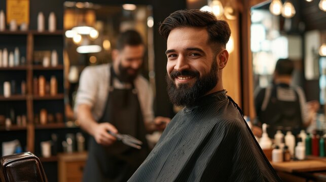 Smiling man with beard in barbershop chair during haircut session