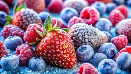 A vibrant collection of frozen berries, their surfaces dusted with delicate frost, showcasing the natural beauty of winter's bounty.