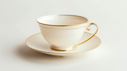 A white teacup and saucer with gold trim.