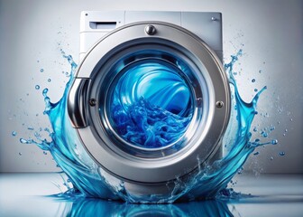 Minimalist Abstract Laundry Technology with Washing Machine Drum and Blue Water Splashes, Flowing Liquid, Housework Concepts, Appliance Design, Modern Home