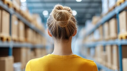 A woman with blonde hair tied in a bun explores a large warehouse, her back to the camera, walking between rows of tall shelves with neatly stacked boxes.