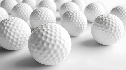 White golf balls on white background, banner, close up view, 3d illustration. 