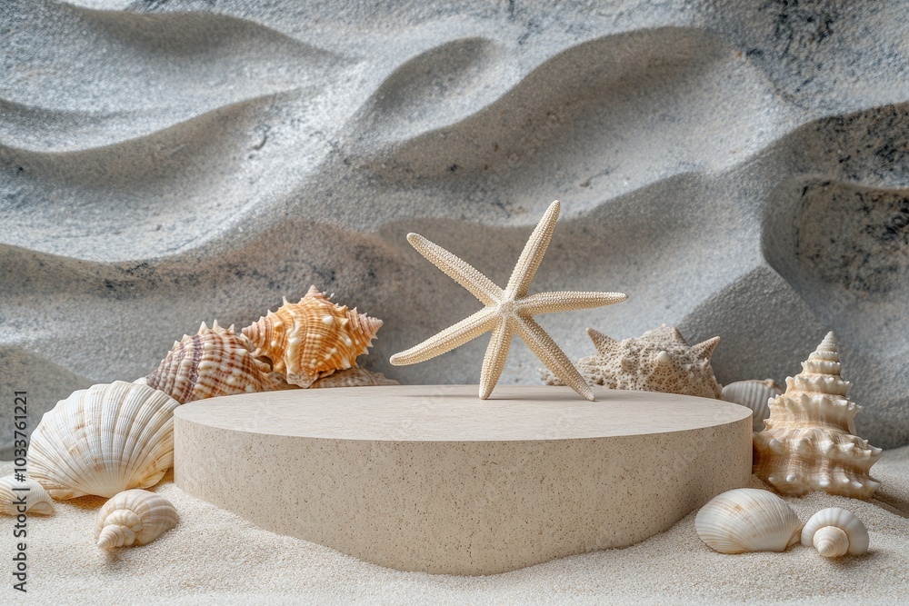Poster seashells and starfish surround a podium. this image is perfect for product displays and showcasing 