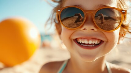 A joyful child with big orange sunglasses and a wide smile enjoys a beach day, capturing pure happiness and carefree childhood moments under the bright sun.