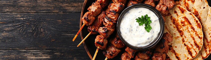 Delicious grilled meat skewers served with flatbread and fresh dipping sauce, perfect for a flavorful meal or party platter.