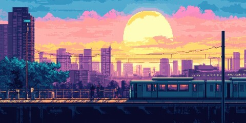 Vibrant sunset over a city skyline with a train, colorful digital artwork.