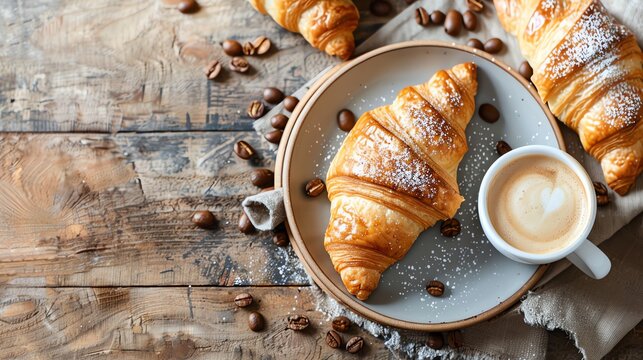 A cup of cappuccino and a croissant on a plate.