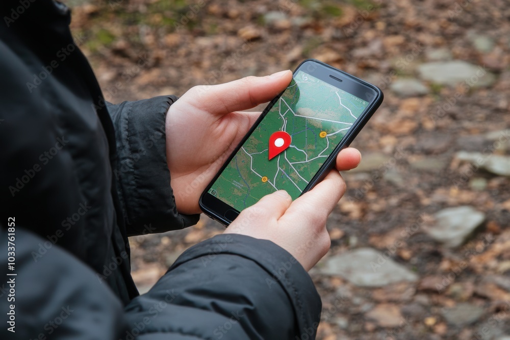 Poster a hand grasps a mobile phone showing a detailed map with a notable location pin as the user navigate