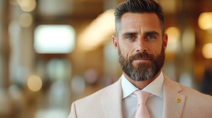 A serious, bearded man wearing a light-colored suit stands in a well-lit corporate setting, signifying professionalism, focus, and modern business environment.