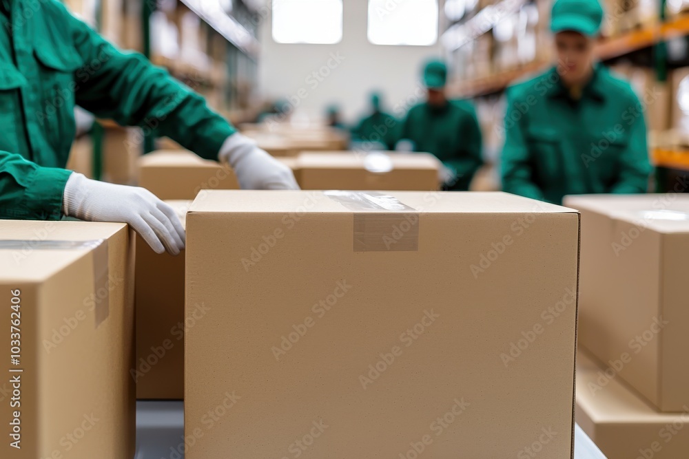 Poster workers in green uniforms handle cardboard boxes in a warehouse setting, emphasizing logistics and s
