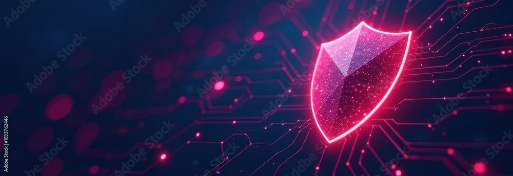 Poster glowing security shield in pink for online protection concept. glowing shield on digital circuit bac
