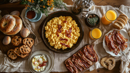 A rustic breakfast spread featuring golden-brown bacon. Egg food stock photo