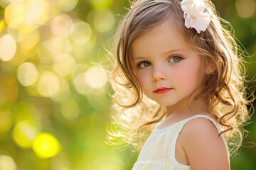 Fototapeta premium A graceful girl with long hair and a flower gazes thoughtfully in a sunny garden