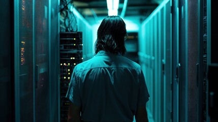 Man walking down a server room hallway