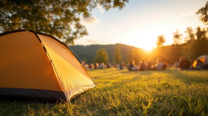 An orange tent is vibrantly lit by the golden sunlight while people gather and relax on the lush grass, enjoying a tranquil sunset in a picturesque outdoor venue.