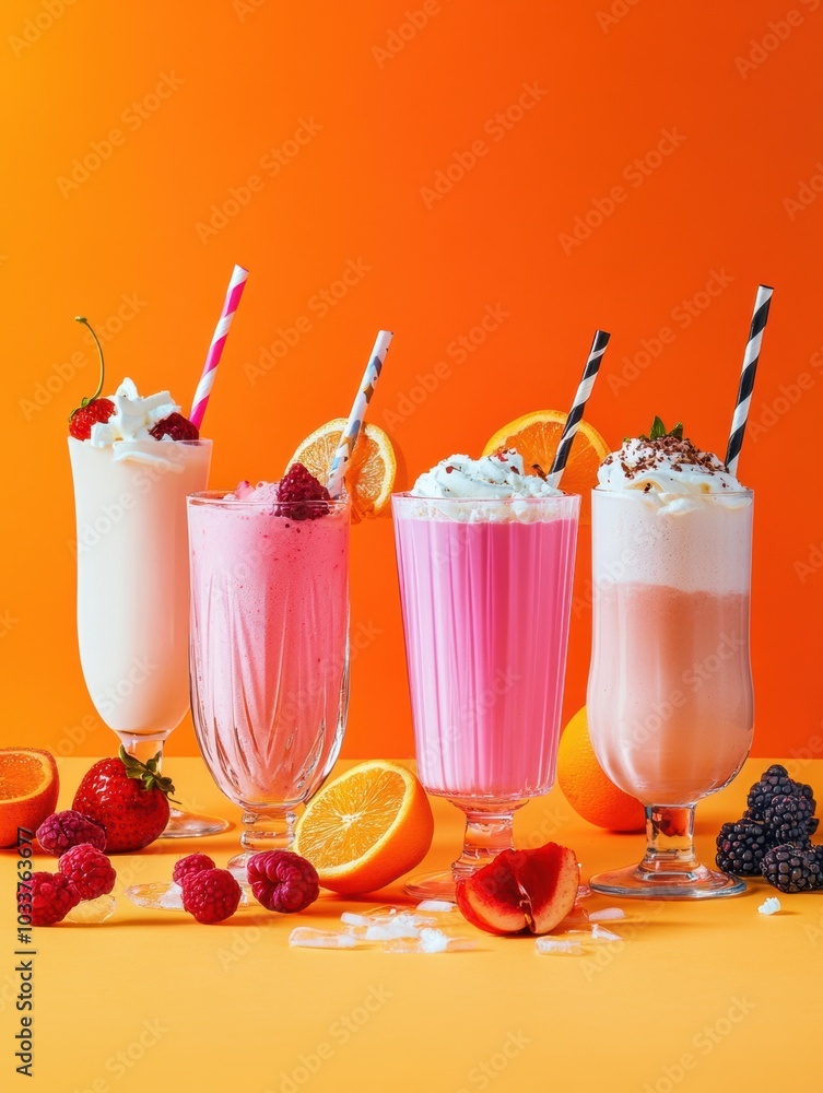 Poster a delightful display of tall glasses filled with milkshakes and refreshing drinks, adorned with frui