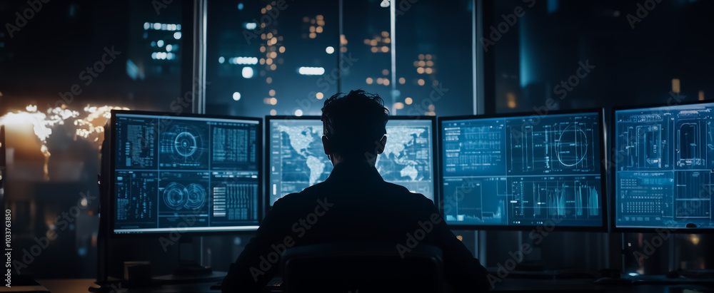 Poster a focused engineer works on multiple monitors in a dark room with city lights in the background, sho