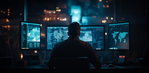 A professional late-night setting with an engineer working in front of multiple screens displaying complex data, highlighting a high-tech, intense work environment.