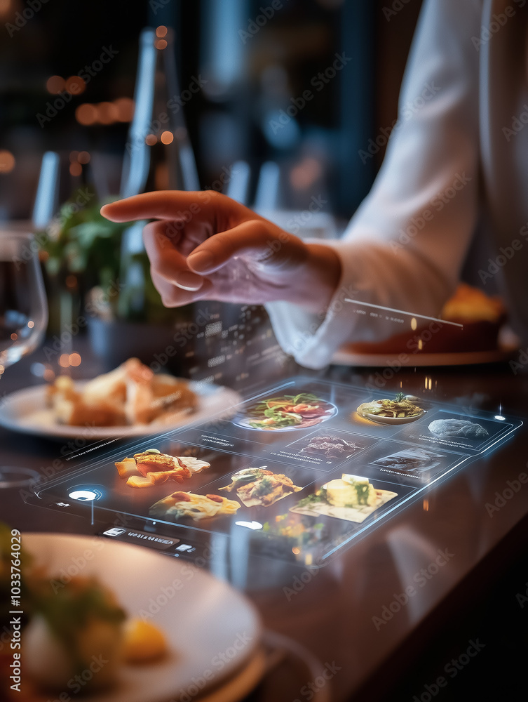 Poster user engages with a floating touchscreen to choose food items in a modern restaurant setting. the vi