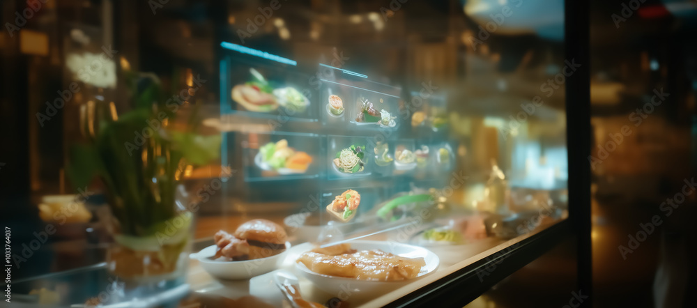 Poster close-up of a user interacting with a high-tech, transparent touchscreen in a restaurant, selecting 
