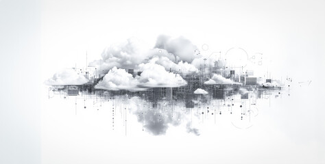 Obraz premium A minimalistic cloud network system concept with white background. Abstract digital lines and structures rise from the ground, visualizing modern data flow, digital connections, and technology.