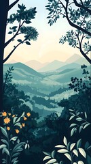 Fototapeta premium A flat vector illustration of a beautiful forest landscape with mountains in the background, featuring a green and blue color palette