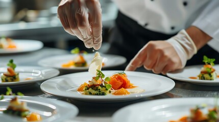 A chef carefully plates a gourmet dish in a professional kitchen.