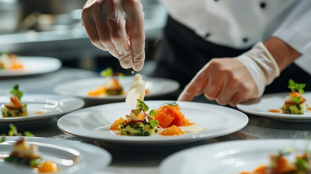 A chef carefully plates a gourmet dish in a professional kitchen.