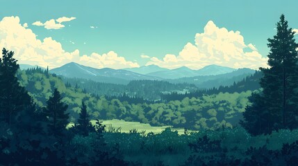 A flat vector illustration of a beautiful forest landscape with mountains in the background, featuring a green and blue color palette