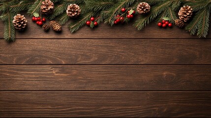 Beautiful Christmas decorations featuring tree branches, bright red berries, and pine cones arranged on a dark wooden table, providing ample space for festive greetings or designs