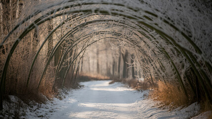 Obraz premium serene snow covered forest path is framed by frosted trees, creating magical winter atmosphere. soft light enhances tranquil beauty of this enchanting scene