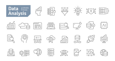 Data Analytics Line Icons Set. Statistic, Presentation, Report, Monitoring, Research, Big Data, Strategy, Planning Icons Editable Stroke Vector Illustration